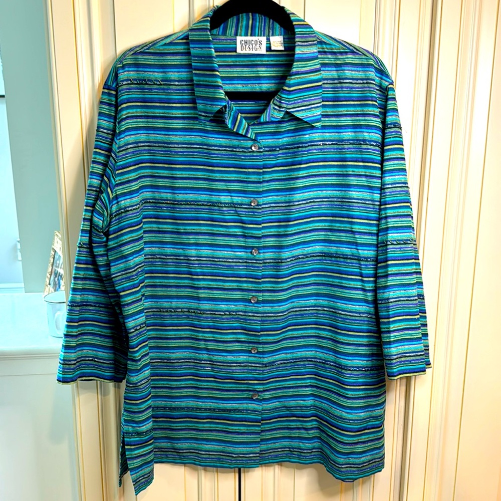 Chico's Silk Green Aqua Button Down 3/4 Sleeve Collared Blouse Top Shirt Size 3
